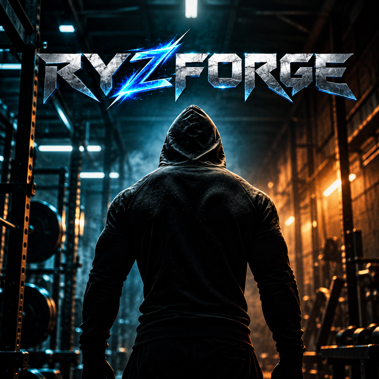 RYZFORGE metallic wordmark and hooded figure artwork
